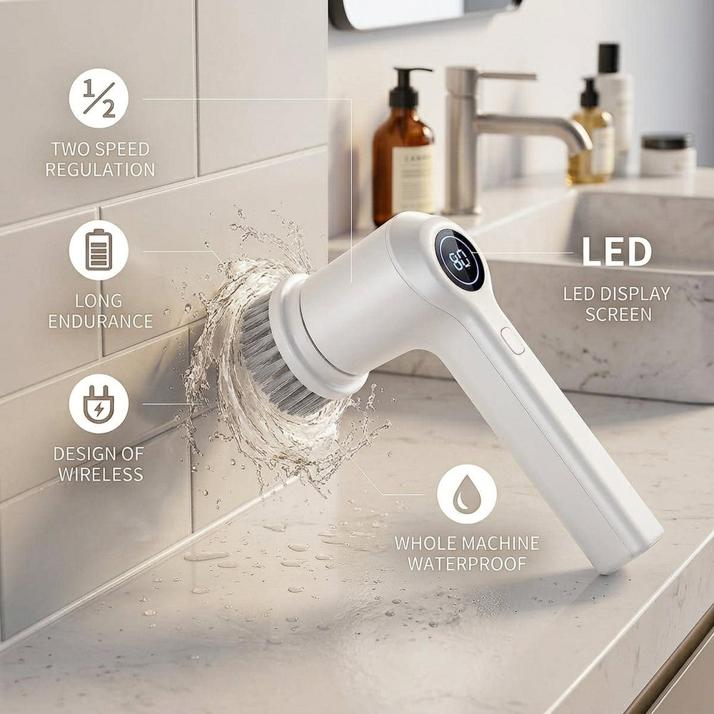 White handheld electric shower brush shown on a bathroom countertop with water splashing, surrounded by feature callouts including two speed regulation, LED display screen, wireless design, and whole machine waterproof.