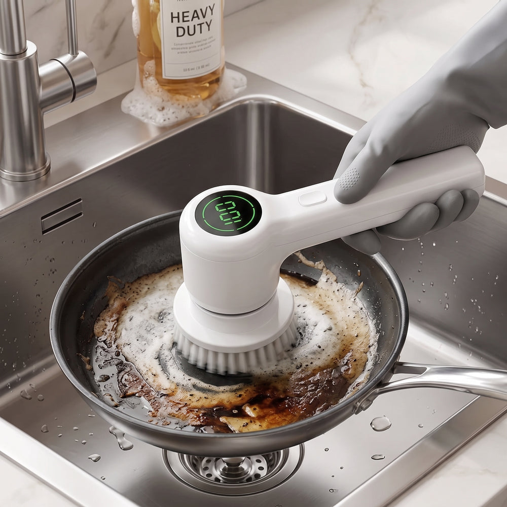 PureSpin Electric Handheld Scrubber cleaning kitchen sink countertop and stubborn grease effortlessly