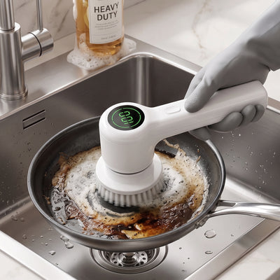 PureSpin Electric Handheld Scrubber cleaning kitchen sink countertop and stubborn grease effortlessly