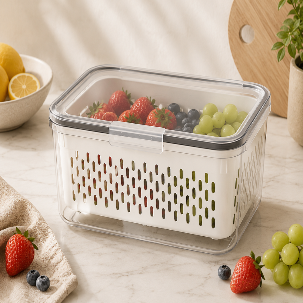 Modern refrigerator organizer containers for fresh fruits and vegetables, ideal for UAE homes and kitchens