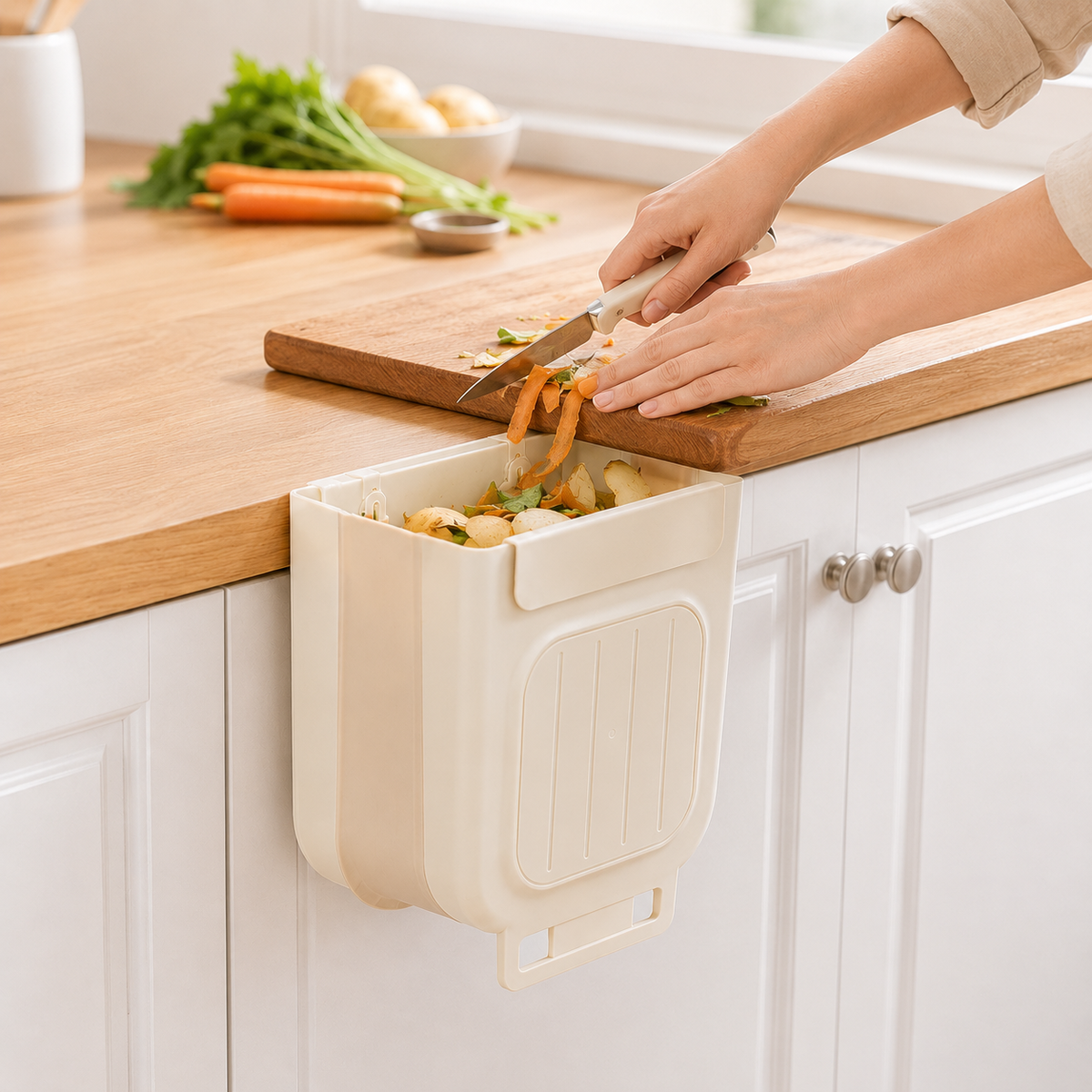 Hanging trash can in kitchen