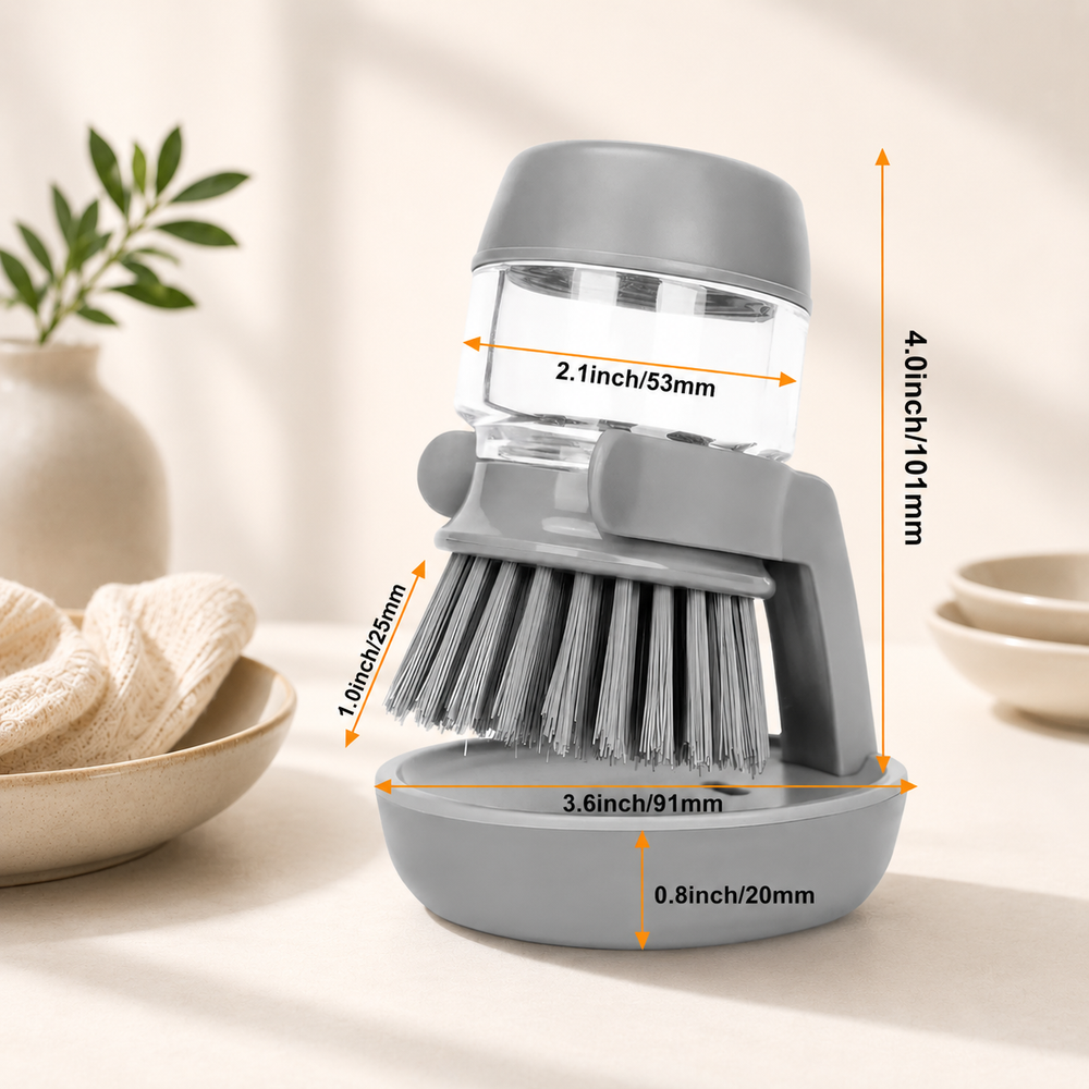 Kitchen dish scrub brush with soap dispenser, reusable bristles and drip tray holder