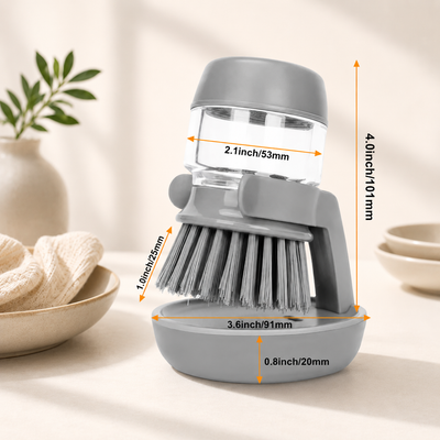 Kitchen dish scrub brush with soap dispenser, reusable bristles and drip tray holder