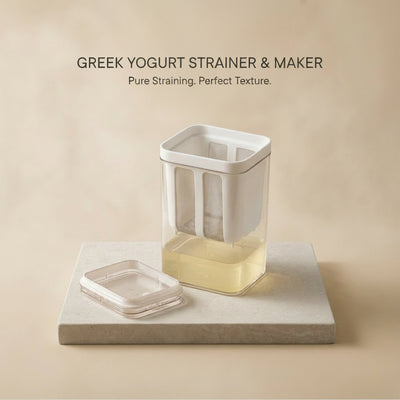 Plain yogurt straining into thick Greek yogurt in the reusable fine-mesh Greek yogurt strainer