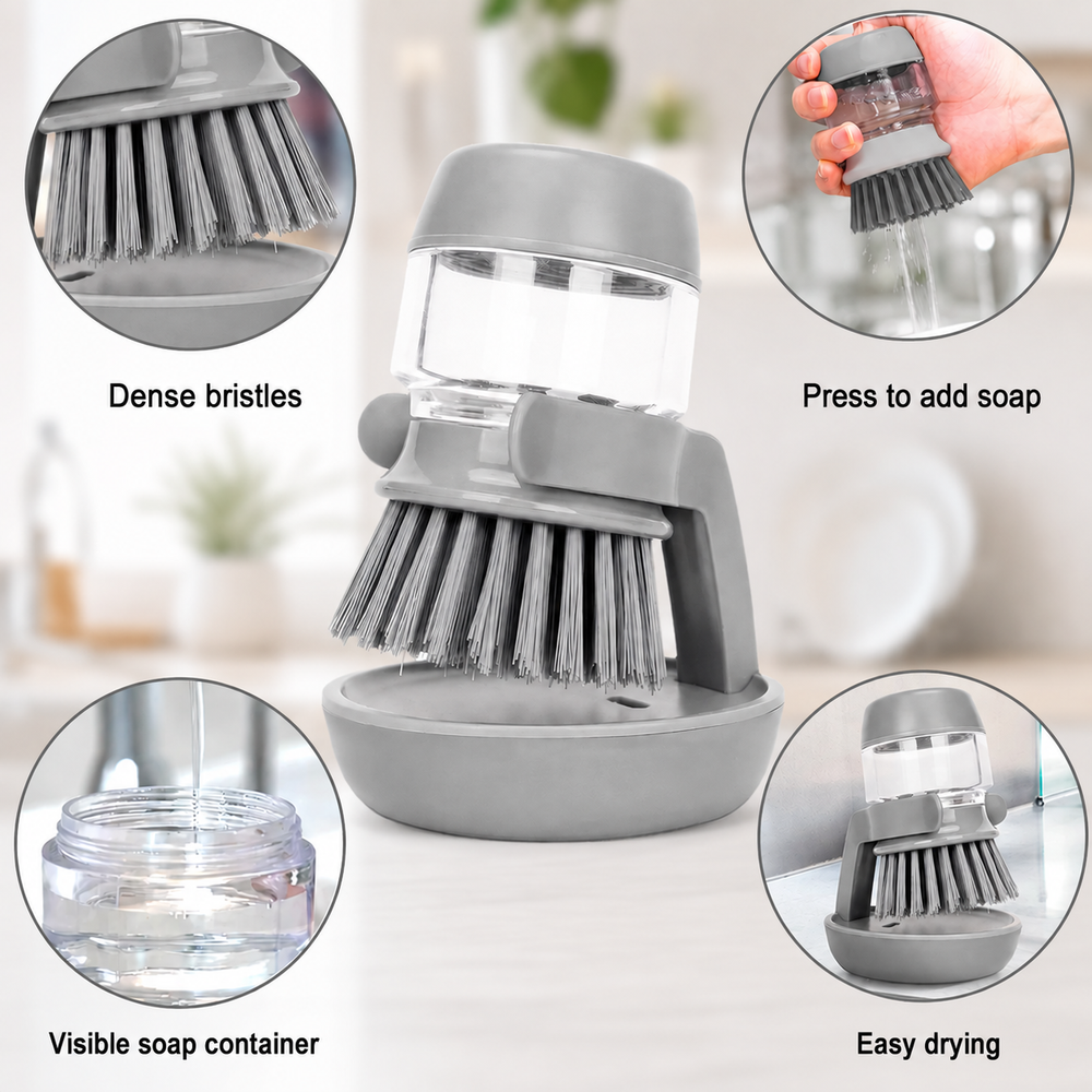 Refillable dishwashing brush with transparent soap container, strong bristles and drying stand