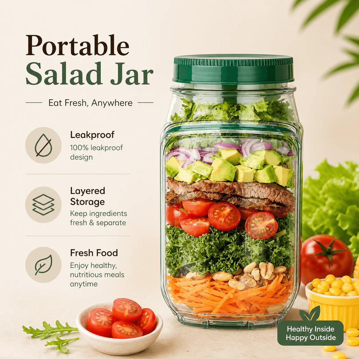 Layered salad in a portable salad jar with lettuce, tomatoes, cucumber and olives for meal prep