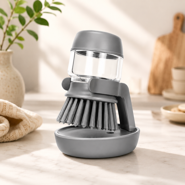Soap dispensing dish brush with built-in detergent reservoir and dense cleaning bristles