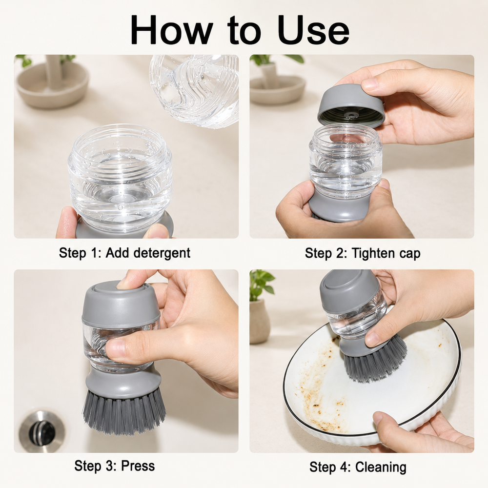 Reusable kitchen scrubber brush with built-in soap dispenser for dishes, pans and everyday cleaning